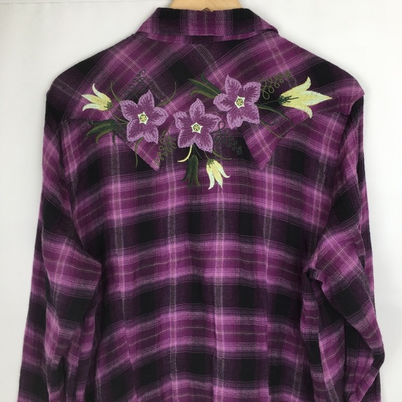 Stetson Plaid Button Down Shirt Floral Embroidered Western Cowgirl Women’s Sz XL - Picture 10 of 13